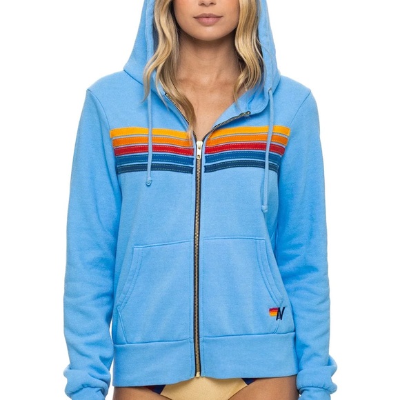 Aviator Nation Tops - Aviator Nation Light Blue Zip-Up Hoodie with Multicolor Chest Stripes